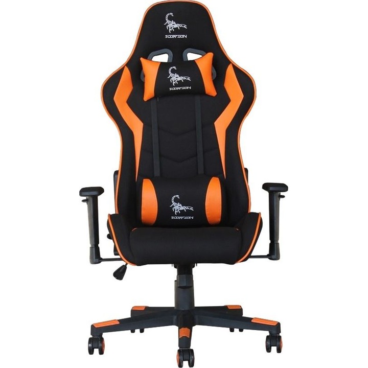 Gembird Scorpion GC-SCORPION-04X gamer szék, 90 fokban állítható háttámla, derék- és nyakpárna, fekete/narancssárga