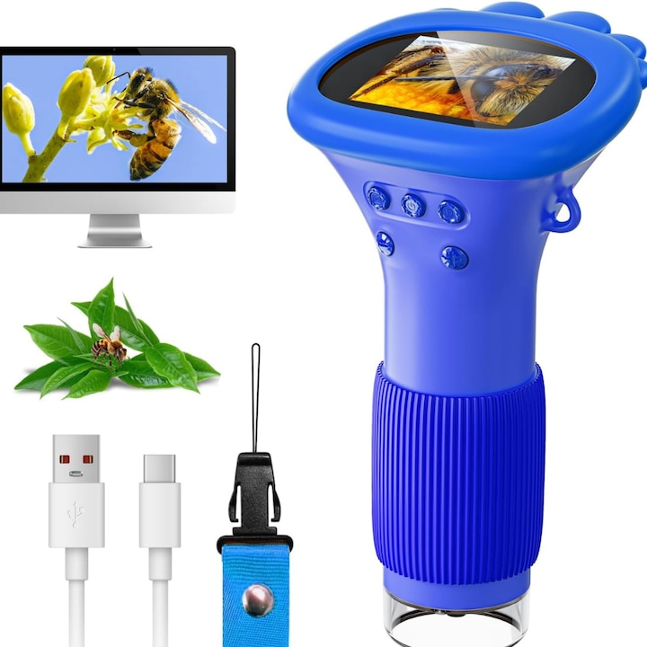 Microscop Digital Portabil pentru Copii, ERALLYN, 1000x, HD 1080p, 8 LED-uri Reglabile, Foto/Video, Conectare PC, USB-C, suporta card de 32GB, albastru