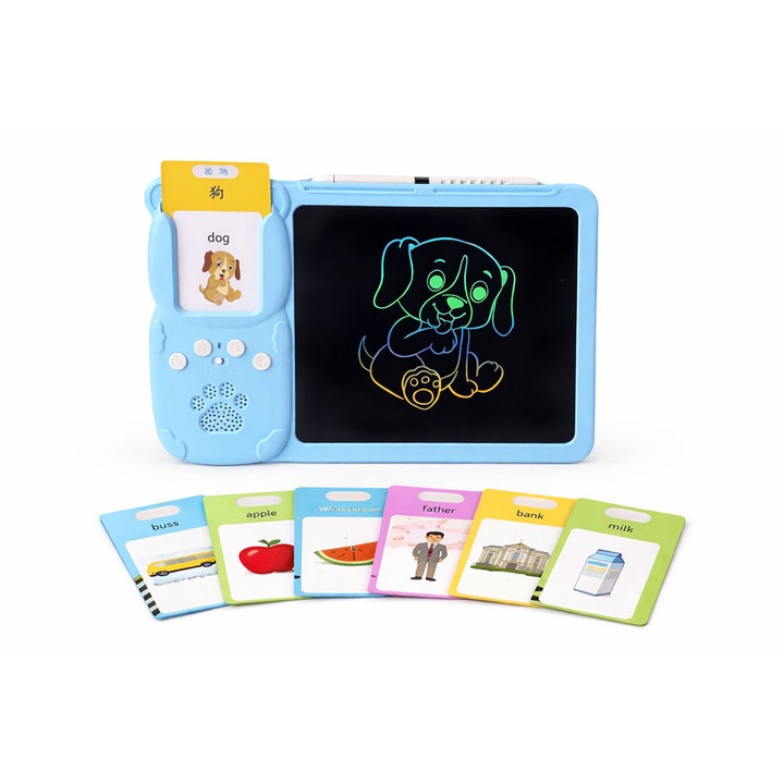 Tableta educativa Card Reader learn english, pentru copii, ecran desen cu stilou, carduri interactive cu imagini si cuvinte, invatare engleza, dezvoltare creativitate, Albastru