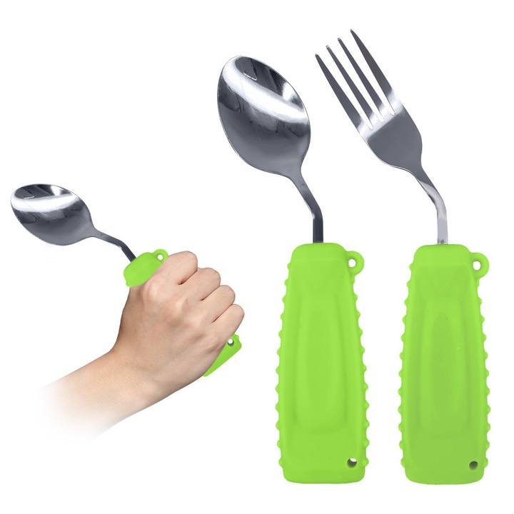 Set 2 tacamuri adaptative Ehucon, lingura si furculita curbate, manere antiderapante, verde, inox