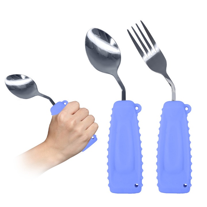 Set 2 tacamuri adaptate Ehucon, lingura si furculita curbate, manere antiderapante, mov, 2 piese, inox