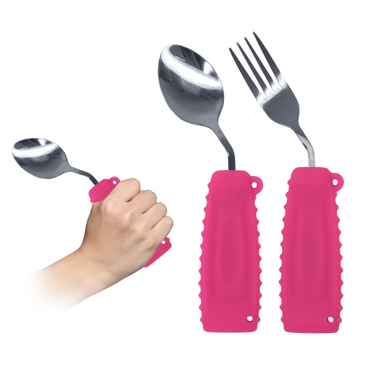 Set 2 tacamuri Ehucon, lingura si furculita pentru mana dreapta, design curbat, manere antiderapante, inox, roz