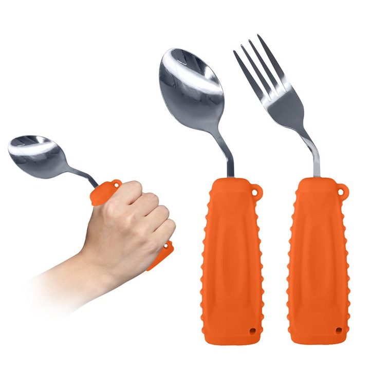 Set 2 tacamuri Ehucon, lingura si furculita pentru mana dreapta, design curbat, manere antiderapante, inox, portocaliu