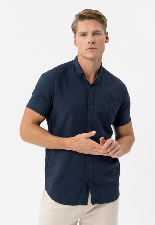 Férfi ing len és viszkóz anyagból, rövid ujjú, gombos gallér, mellzseb, Regular Fit, Volcano C-Nil, tengerészkék melange, Tengerkék