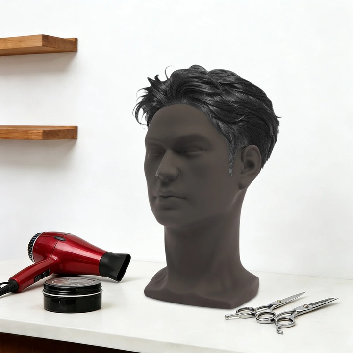 Cap manechin PVC, 30 cm, negru mat, pentru peruci și pălării