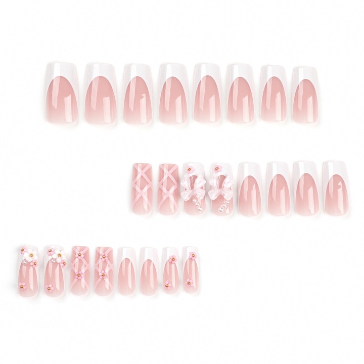 Set 24 unghii false JOSQUEWNN, roz, cu fundita, scurte, din acril, cu lipici