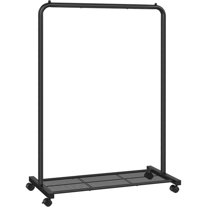 Mobil ruhaállvány kerekekkel, vállfák tartóval és polccal, ipari stílus, 91x41x158 cm, fekete