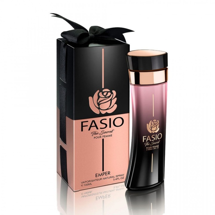 Emper Fasio The Secret Eau de Parfum, 100 ml, orientális-virágos parfüm, fekete és rose-gold design