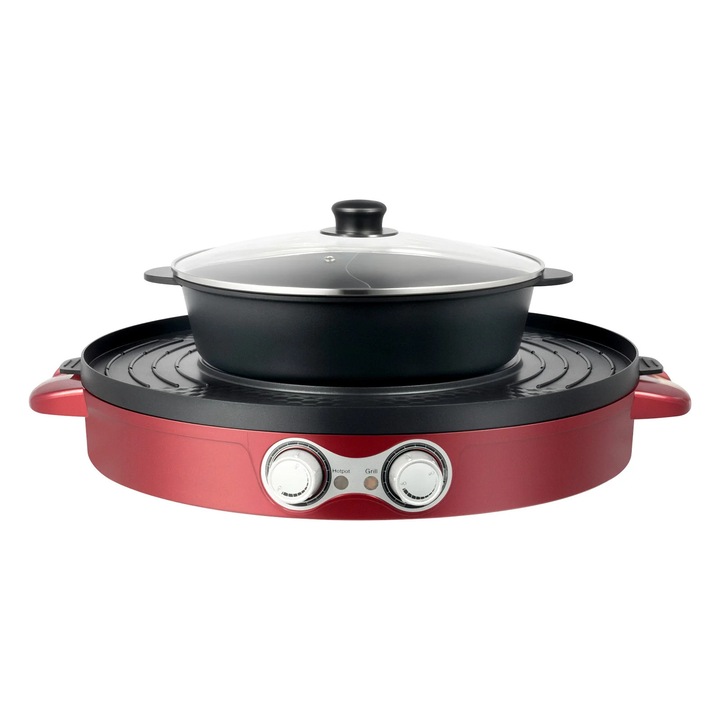 Oală electrică de grilling, 2-in-1, 2200 W, rotundă, roz, diametru 29 cm, capac din sticlă, acoperire antiaderentă