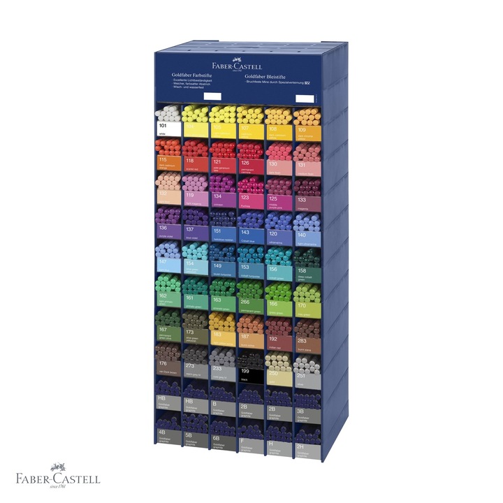 Modul acrilic Faber-Castell cu 576 creioane Goldfaber si 120 markere Pitt Artist Pen, set profesional complet, multicolor