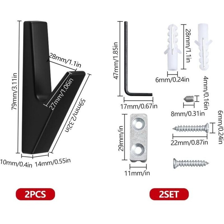 Set 2 cuiere perete, zinc, rezistent apa, 8x5cm
