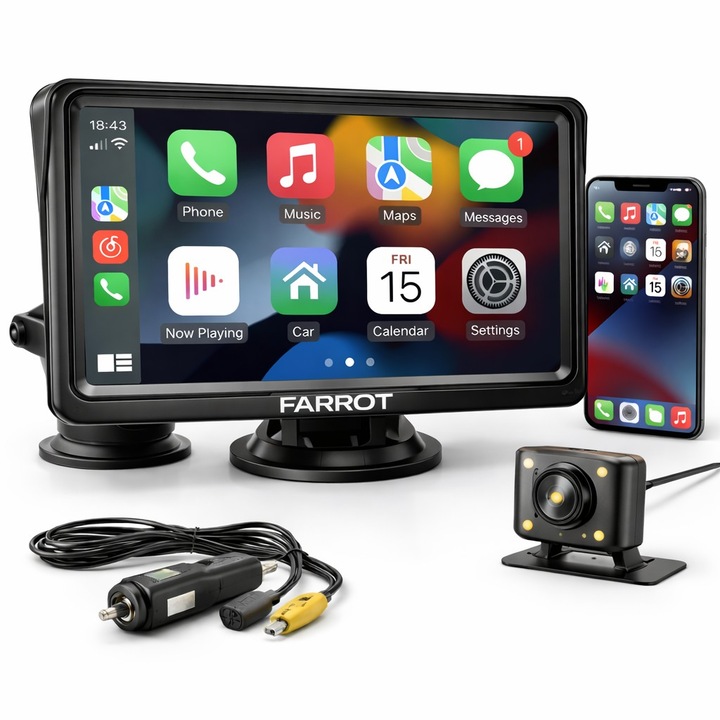 Display auto 7 inch CarPlay Android Auto FARROT X5300, GPS, camera marsarier inclusa, Bluetooth 5.0, WiFi dual, AUX/FM, 12-24V