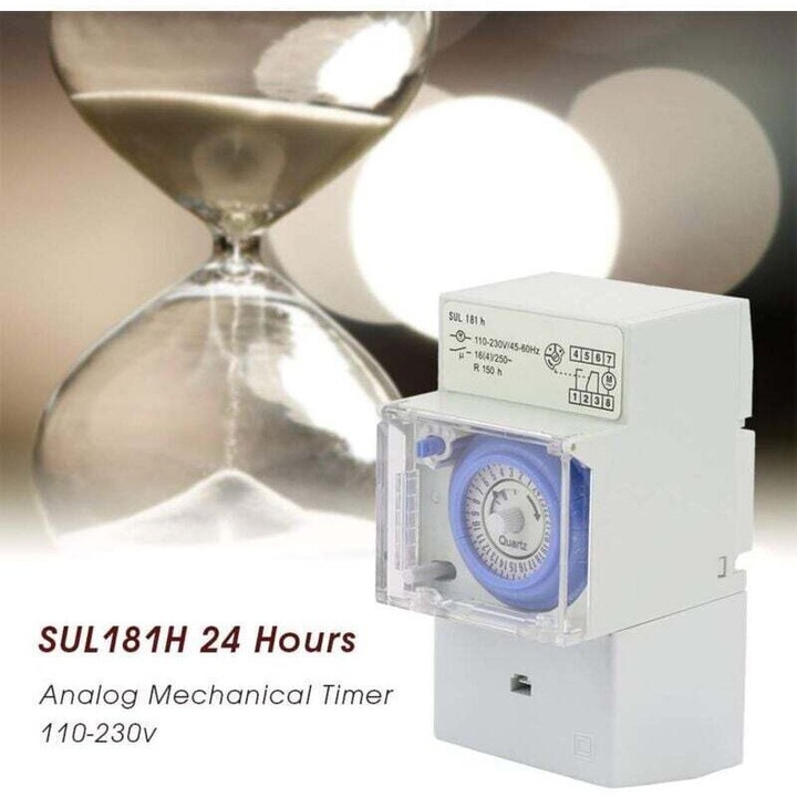 Timer mecanic analogic 24 ore, 110V-230V, 8 programe, 16A, pentru montaj pe sina DIN, alb