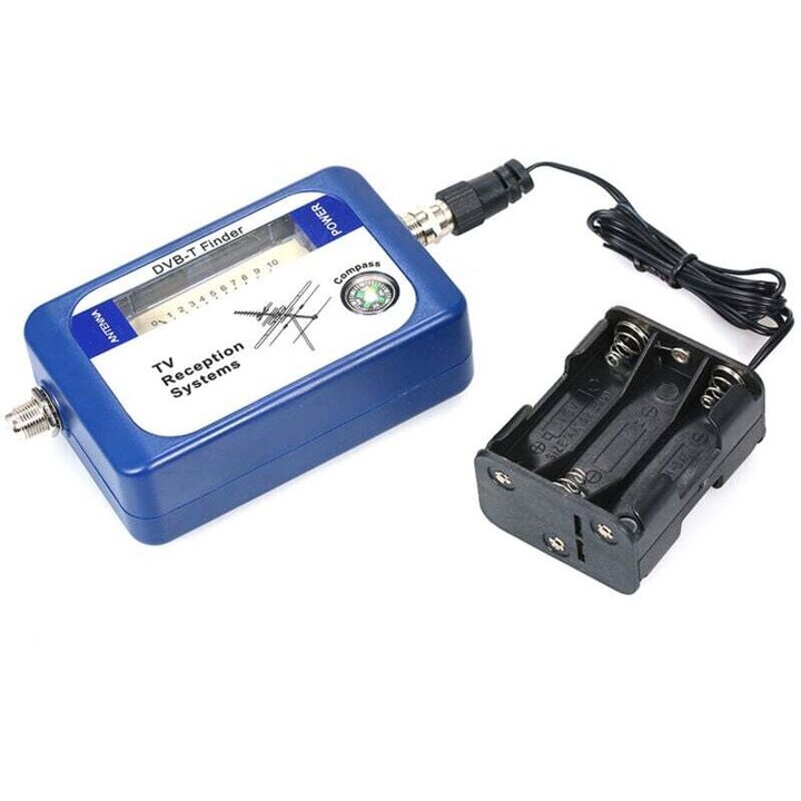 Detector semnal antena DVB-T, albastru, 127x63x35mm, set cu cablu de alimentare si suport pentru baterii