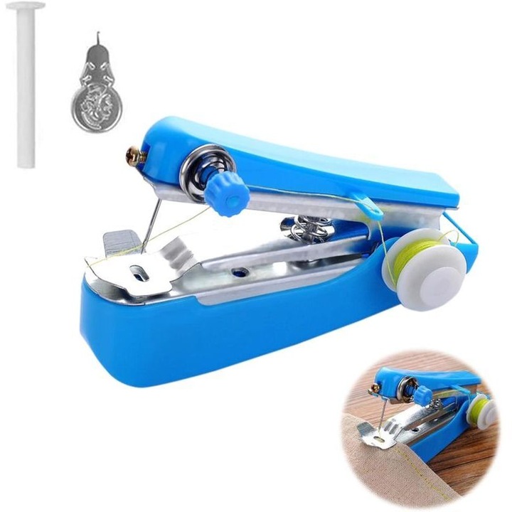 Mini hordozható varrógép, kiegészítő készlettel, környezetbarát kialakítás, vékony anyagokhoz, 4AA elem vagy 6V adapter