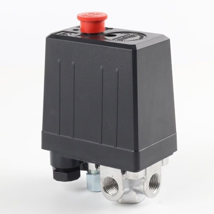 Kompresszor nyomáskapcsoló, 4 kimenetes nyomáskapcsoló, fém és műanyag, 220/380 V, 5-8 kg (90-125 psi), 1/4 belső menet, fekete, 1 db