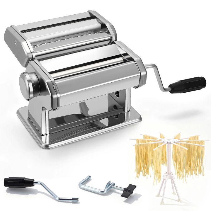 Taietor manual pentru paste, otel inoxidabil, 9 setari grosime, 3 optiuni de taiere, argintiu, set complet