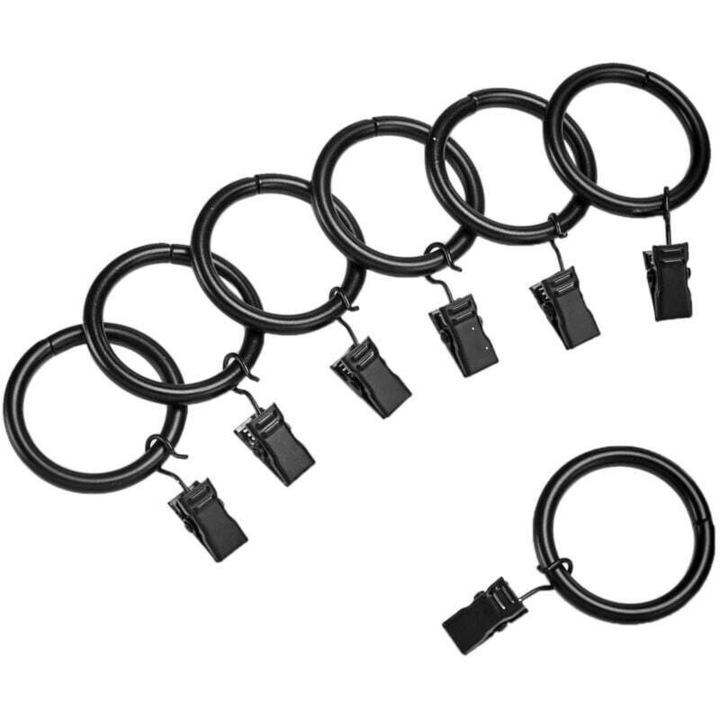 Set de 7 inele clip pentru perdele, 25 mm diametru interior, negru, suporta pana la 1.3 kg