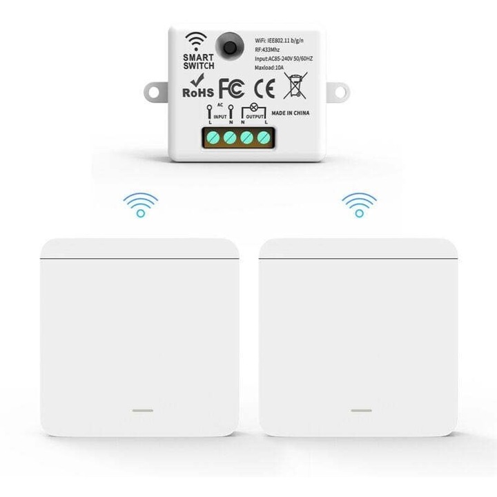 Vezeték nélküli kapcsoló, 433MHz, távirányító, 10A, egyszerű telepítés, 1500W