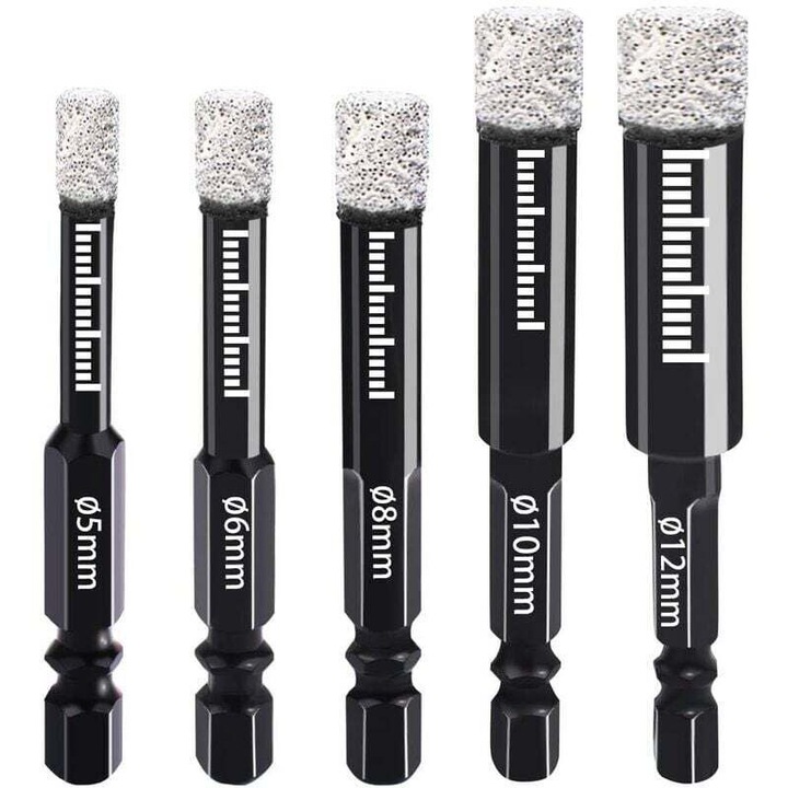 Set de burghie diamantate 5mm-12mm, pentru ceramica, granit, sticla, placi, cu saiba hexagonala, fara apa