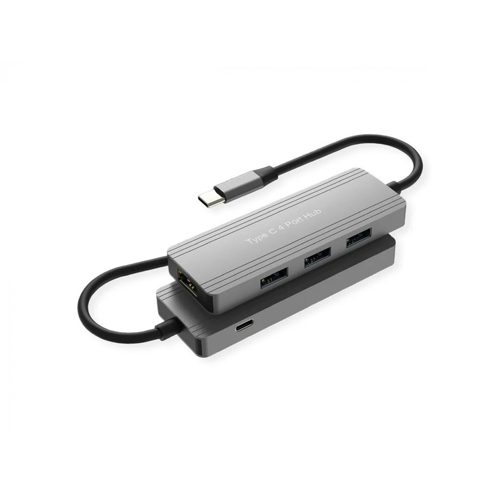 Hub USB 3.2 Type-C la 4 x USB-A, Value, argintiu, cablu fix, dimensiuni compacte
