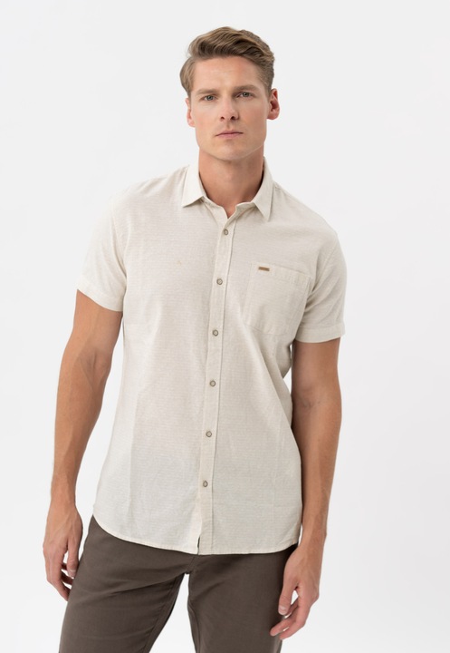 Férfi ing len és viszkóz anyagból, rövid ujjú, mellzseb, Regular Fit, Volcano C-Sunso, bézs, Bézs