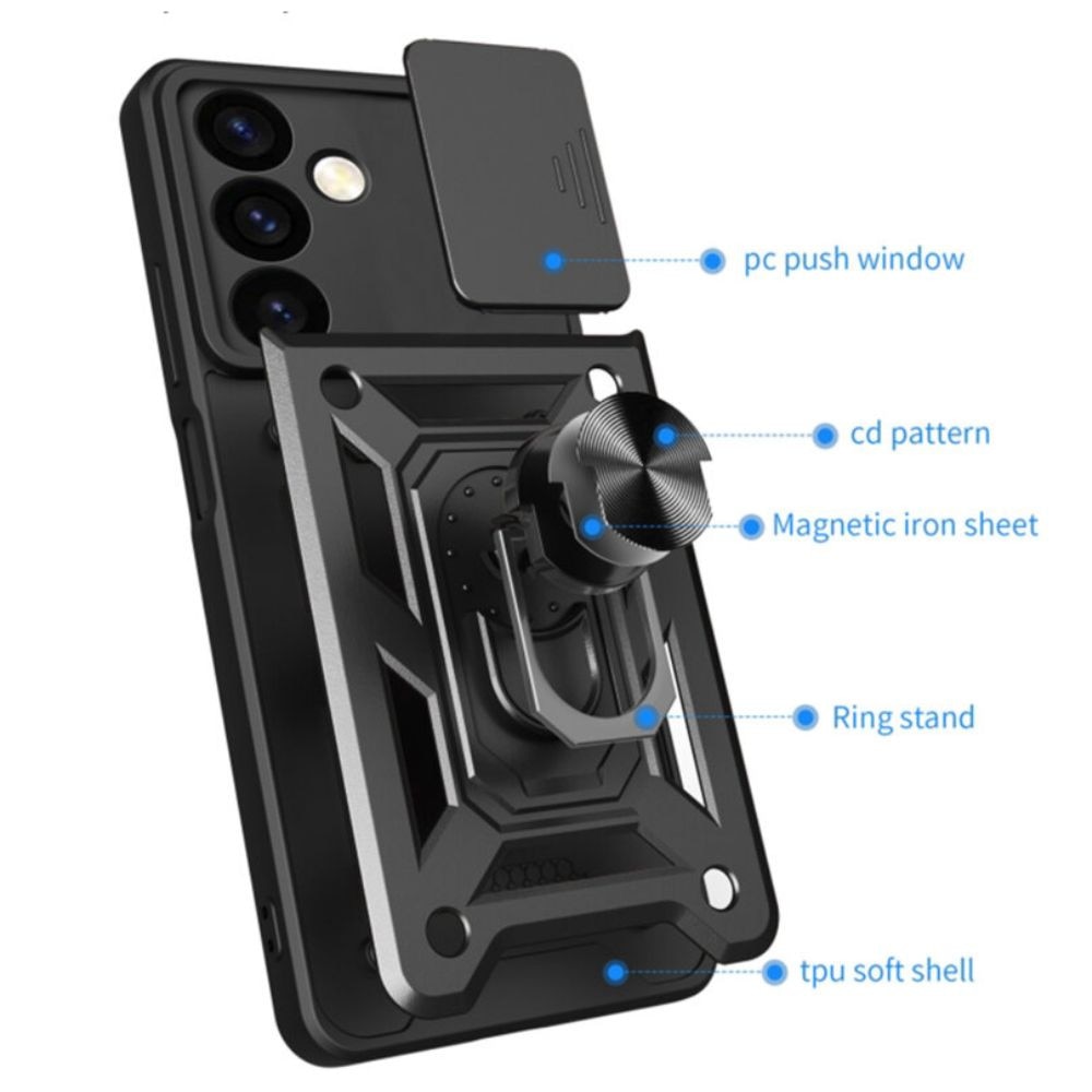 Husa Defender Slide, pentru Samsung Galaxy A57, Camera Shield, Inel rotativ, Suport stand magnetic, Negru