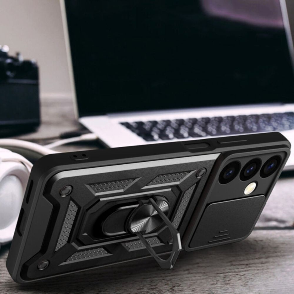 Husa Defender Slide, pentru Samsung Galaxy A57, Camera Shield, Inel rotativ, Suport stand magnetic, Negru