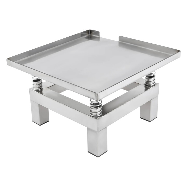 Beton vibrációs asztal, Vibrációs asztal 35 x 35 cm, Frekvencia 3000–3600 ford./perc, Teljesítmény 50 W, 220 V, EU csatlakozó, Max. terhelés 10 kg, Rozsdamentes acél, Négy rugó, Szürke