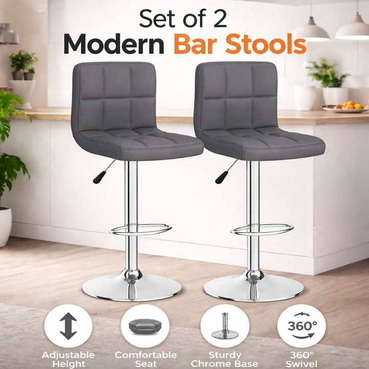 Set 2 scaune bar Premium, reglabile pe inaltime, rotative 360°, tapiterie textil gri inchis, cadru otel cromat, suport picioare, confortabile pentru bucatarie, bar sau dining, Gri
