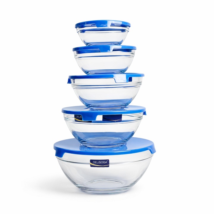 Set 5 caserole din sticla Delisoga cu capac etans, Rezistente la temperaturi, Ideale pentru depozitare alimente, 9cm/10.5cm/12.5cm/14cm/17cm, Transparent
