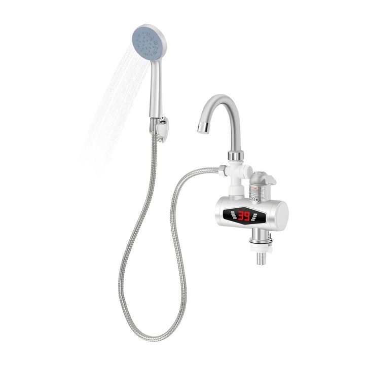 Robinet electric instant apa calda, 3000 W, otel inox 304, IPX4, argintiu, 14, 5x23x29 cm