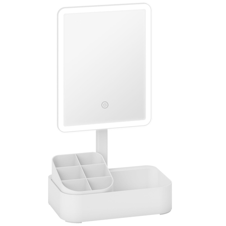 HOMCOM Oglinda de Machiaj cu Lumina, Reincarcabila cu Ecran Touch, 2 Moduri de Iluminare si Rotire 180°, Alb