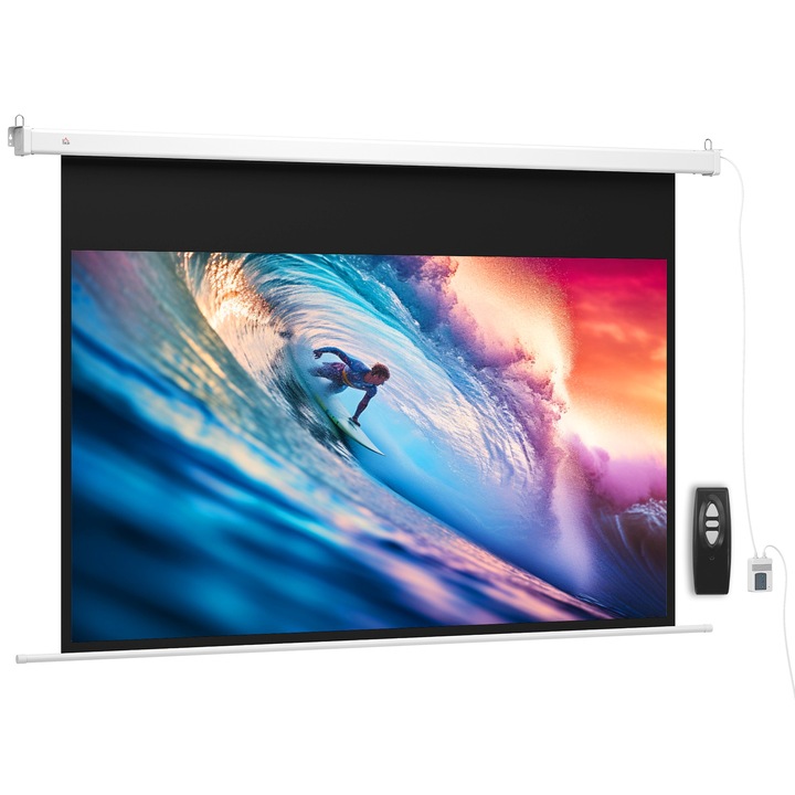 HOMCOM Motorizált Projektorvászon 84 hüvelykes 4K HD, 16:9 Formátum, 212x8x150 cm, Fehér