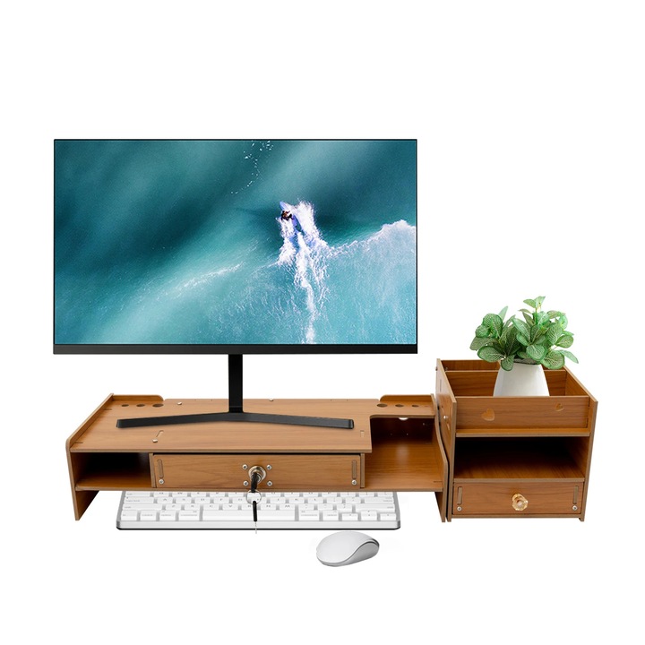 Monitortartó, Semleges, MDF, Ergonomikus, 2 fiók (1 kulccsal), méretek 0,5x0,5cm