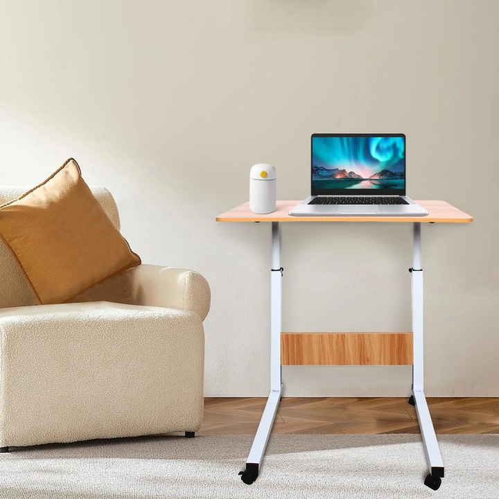 Mobil laptopasztal, fehér-fa, állítható 70-90cm, kerekekkel, téglalap alakú