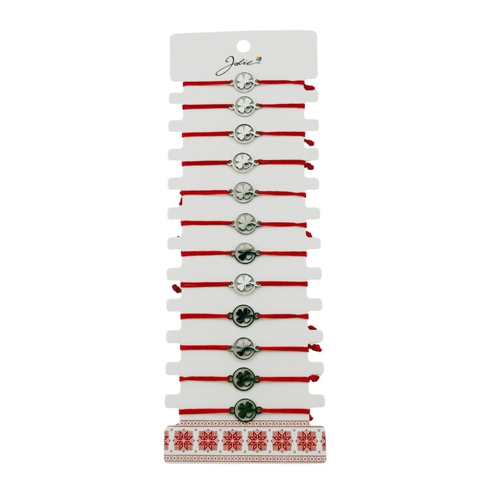 Martisor karkötő hölgyeknek, Jolie, lóhere szívvel modell, 12 darabos szett, ezüst színű rozsdamentes acél medál állítható piros zsinórral