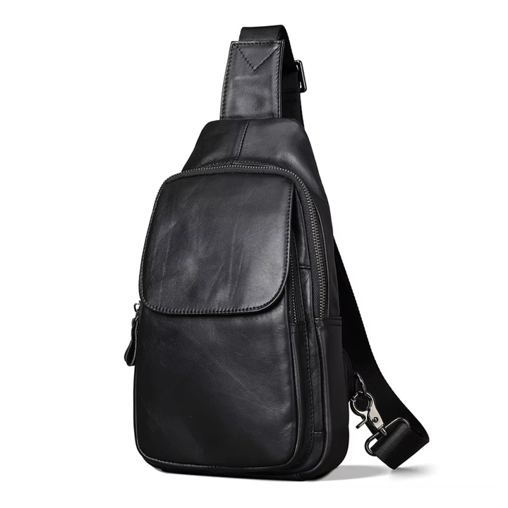 Férfi Táska Valódi Bőrből, IMODIX®, 7589-es Modell, Crossbody / Válltáska, Több Rekesz, Cipzáras Zsebek, Állítható Szíj, Elegáns Leisure Design, Méretek 31 x 17 x 4,5 cm, 7589-es Modell, Fekete