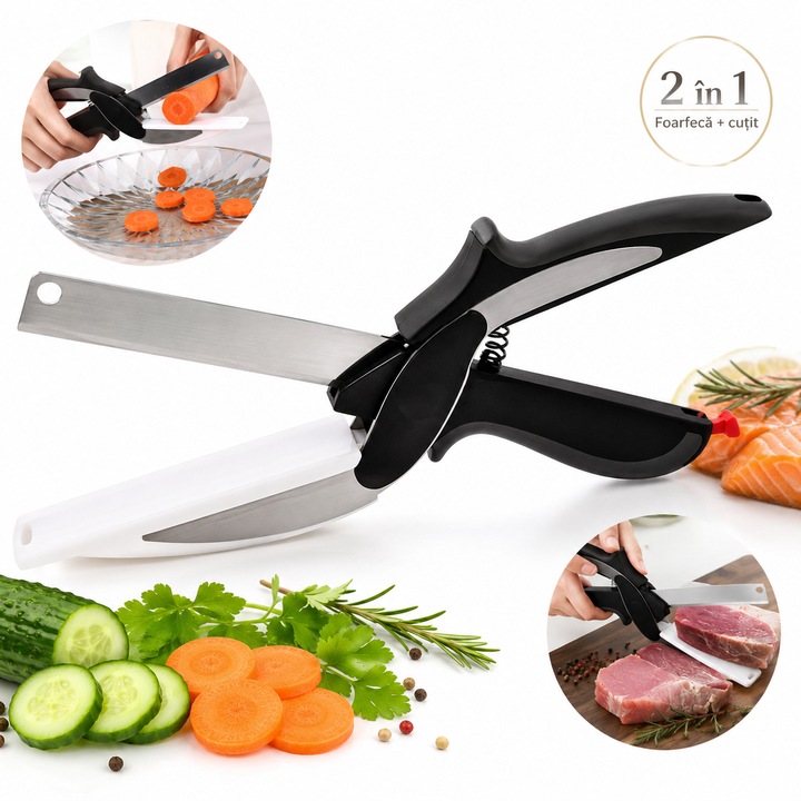 Foarfeca de bucatarie multifunctionala 2 in 1, cu cutit integrat si maner detasabil, lama din otel inoxidabil, pentru legume, carne, peste si fructe