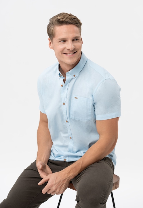 Férfi rövid ujjú pamut és lenvászon ing, mellzsebbel, gombos gallérral, Regular Fit, Volcano C-Lin, világoskék, Világoskék