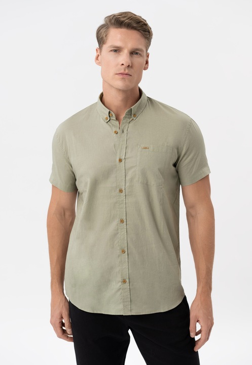 Férfi rövid ujjú pamut és lenvászon ing, mellzsebbel, gombos gallérral, Regular Fit, Volcano C-Lin, zöld, Zöld