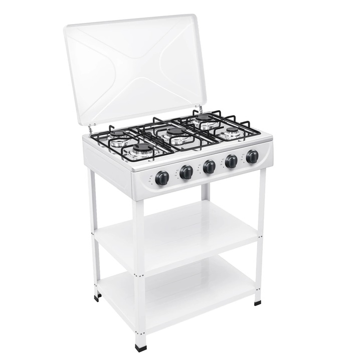 Aragaz de camping pe gaz, 5 arzătoare, fier, alb, cu suport cu picioare