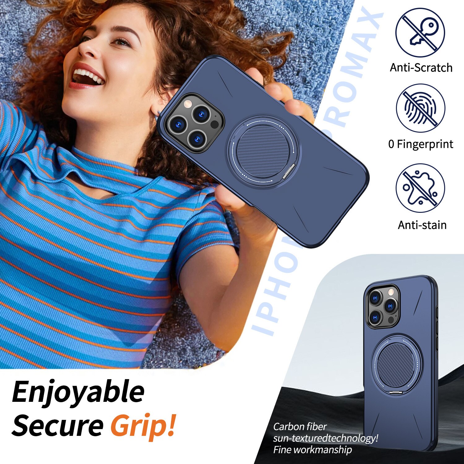 Husa de Protectie MagSafe pentru iPhone 16 Pro, Suport Rotativ 360° din Aliaj, Compatibila cu Incarcare Wireless si Suport Auto, Design Anti-Soc, Margini Ridicate, Albastru