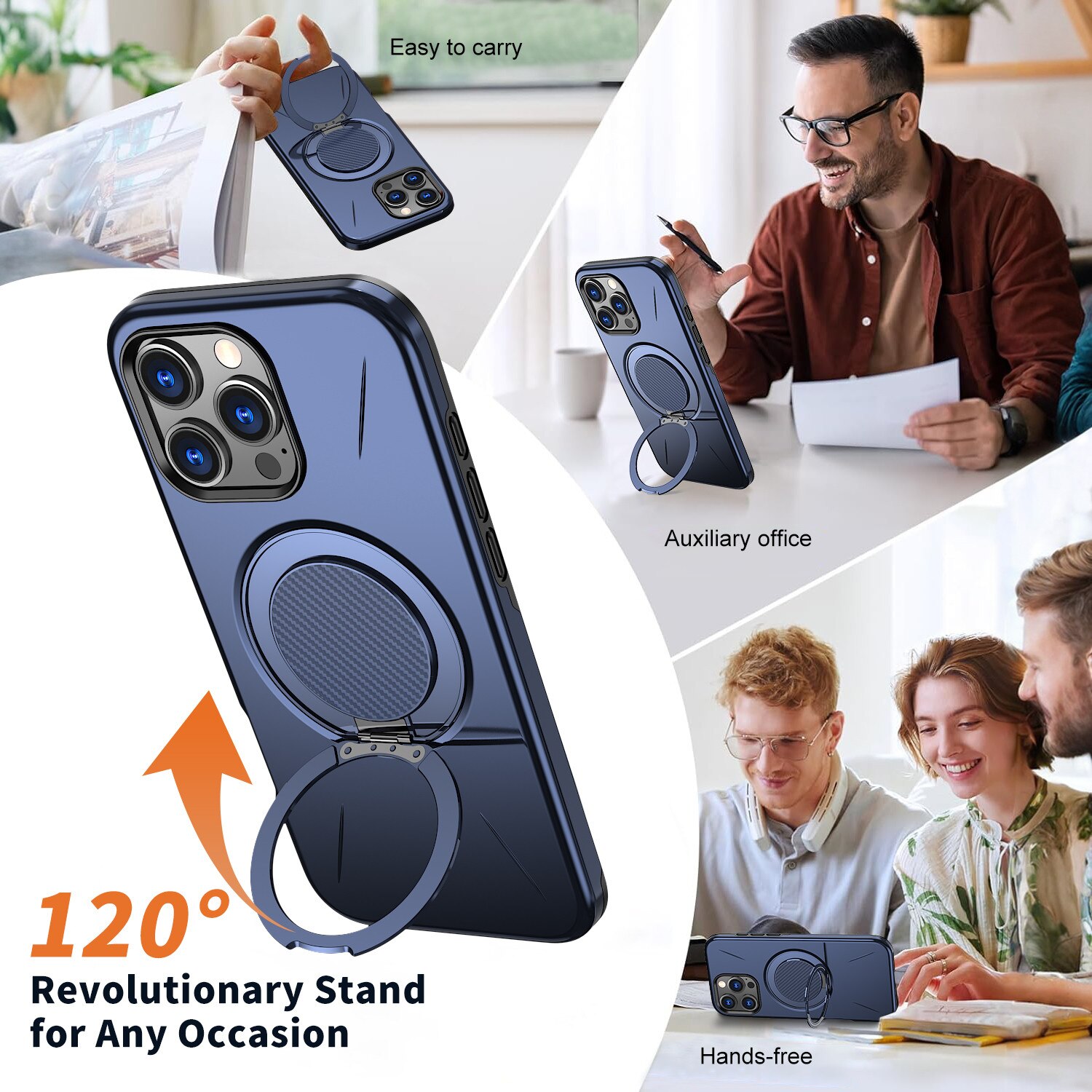 Husa de Protectie MagSafe pentru iPhone 16 Pro, Suport Rotativ 360° din Aliaj, Compatibila cu Incarcare Wireless si Suport Auto, Design Anti-Soc, Margini Ridicate, Albastru