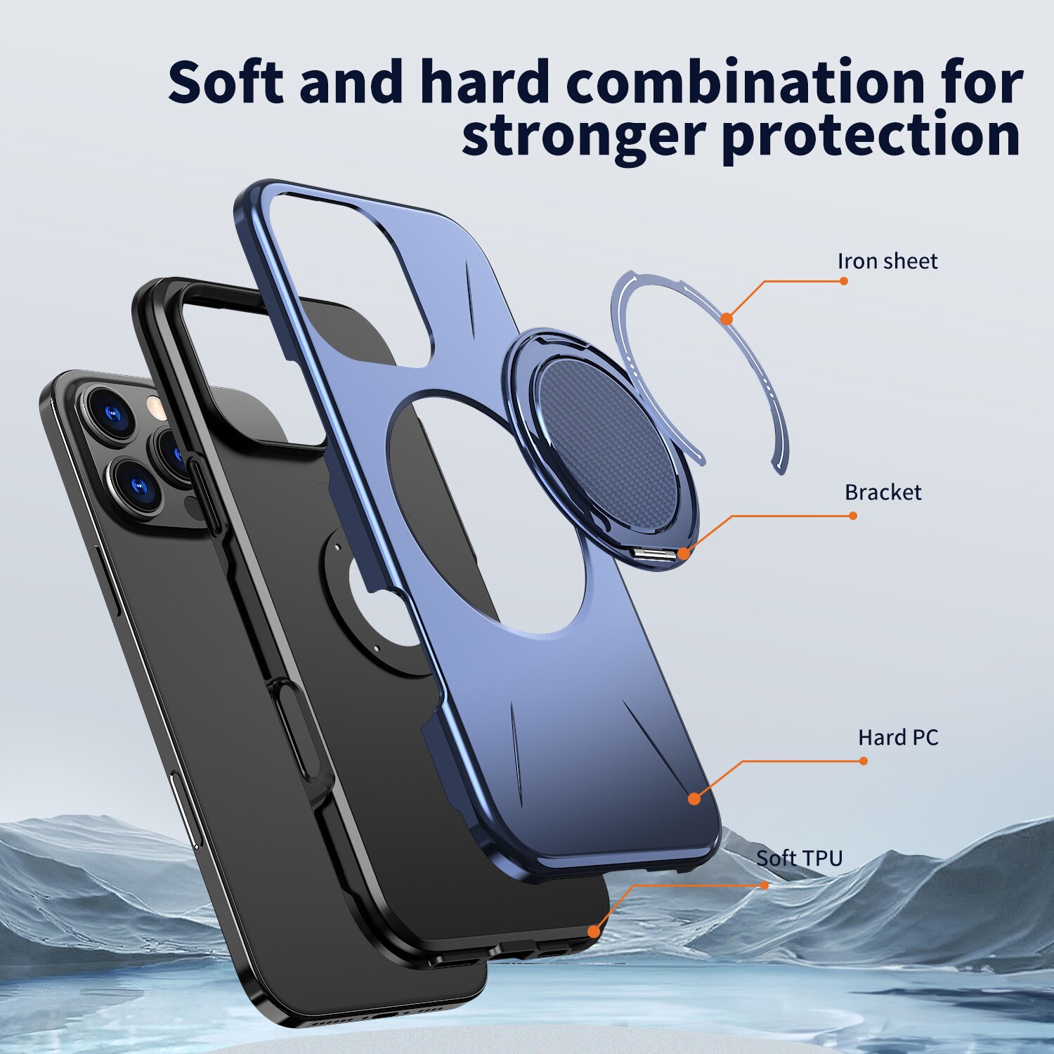 Husa de Protectie MagSafe pentru iPhone 16 Pro, Suport Rotativ 360° din Aliaj, Compatibila cu Incarcare Wireless si Suport Auto, Design Anti-Soc, Margini Ridicate, Albastru