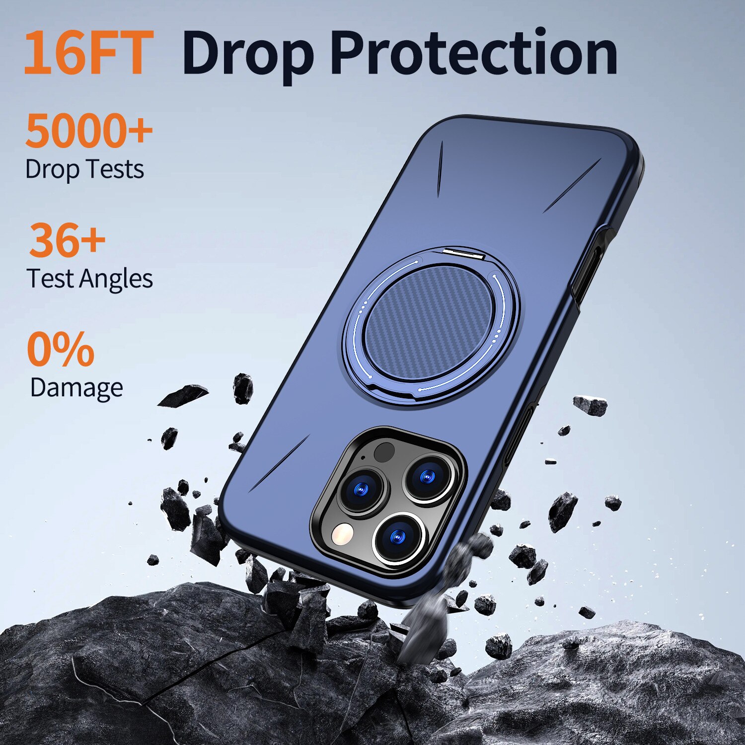 Husa de Protectie MagSafe pentru iPhone 16 Pro, Suport Rotativ 360° din Aliaj, Compatibila cu Incarcare Wireless si Suport Auto, Design Anti-Soc, Margini Ridicate, Albastru