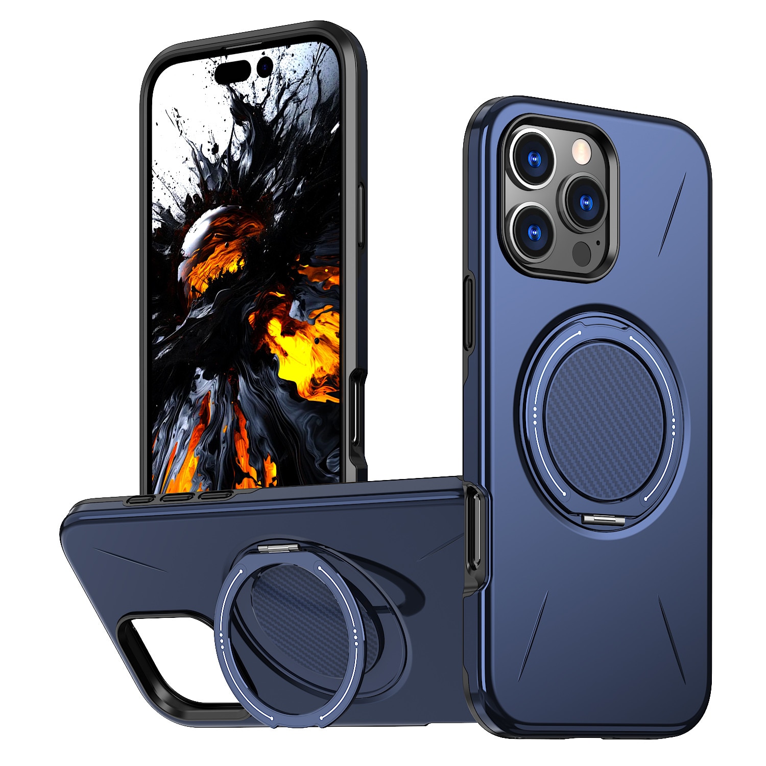 Husa de Protectie MagSafe pentru iPhone 16 Pro, Suport Rotativ 360° din Aliaj, Compatibila cu Incarcare Wireless si Suport Auto, Design Anti-Soc, Margini Ridicate, Albastru