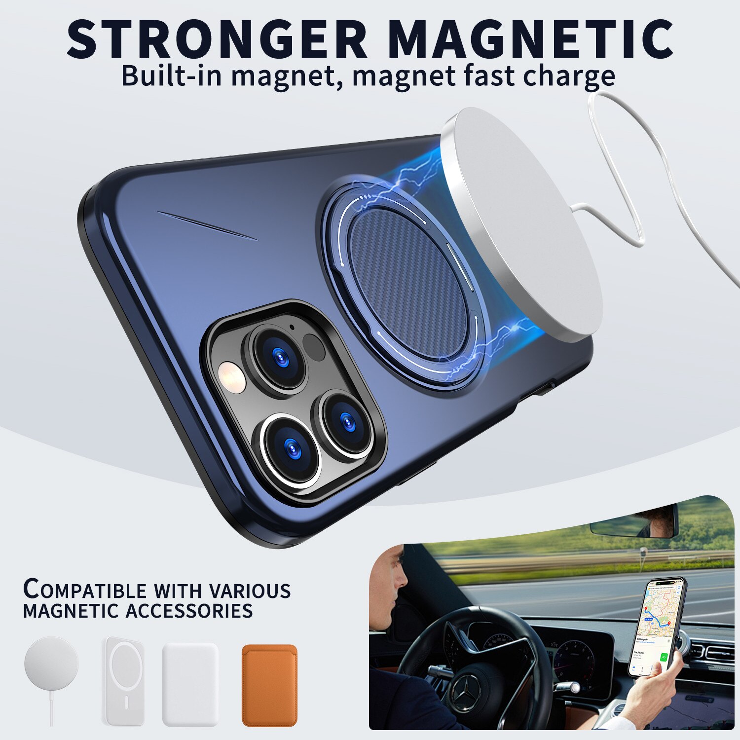 Husa de Protectie MagSafe pentru iPhone 16 Pro, Suport Rotativ 360° din Aliaj, Compatibila cu Incarcare Wireless si Suport Auto, Design Anti-Soc, Margini Ridicate, Albastru