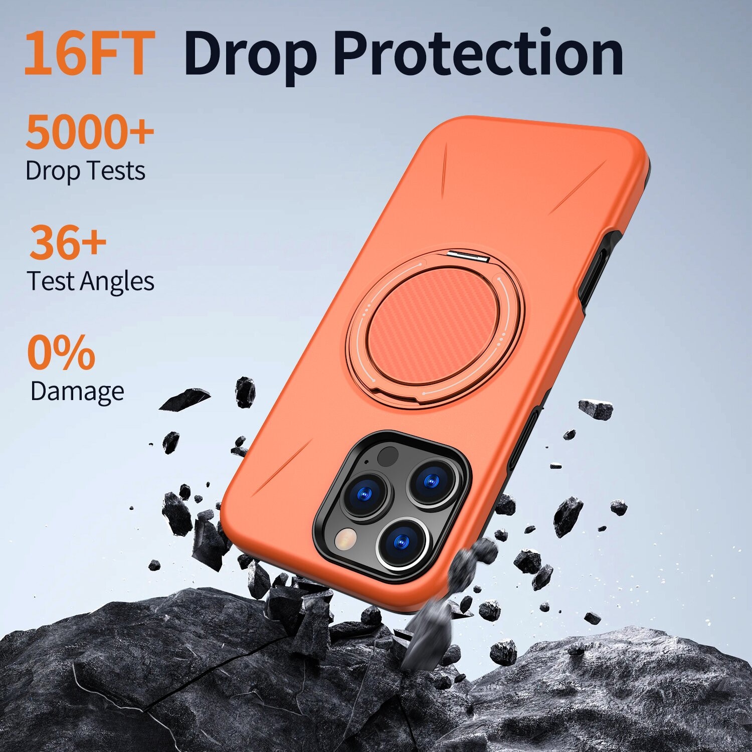Husa de Protectie MagSafe pentru iPhone 16 Pro, Suport Rotativ 360° din Aliaj, Compatibila cu Incarcare Wireless si Suport Auto, Design Anti-Soc, Margini Ridicate, Portocaliu