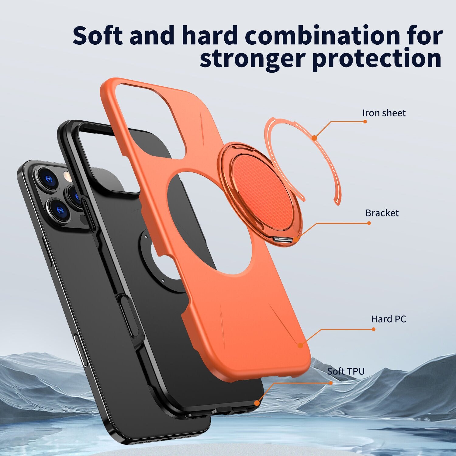Husa de Protectie MagSafe pentru iPhone 16 Pro, Suport Rotativ 360° din Aliaj, Compatibila cu Incarcare Wireless si Suport Auto, Design Anti-Soc, Margini Ridicate, Portocaliu